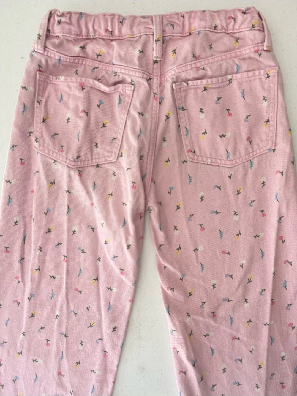 Old Navy Girls Size 12 High Rise Baggy Wide Leg Jeans Pink Floral Print Denim